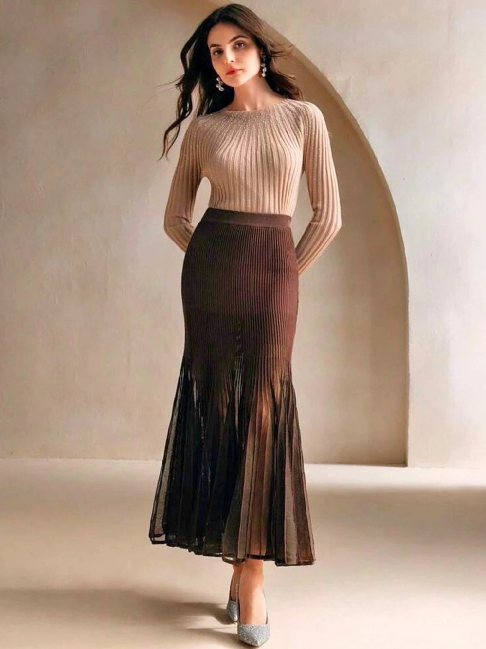 Anewsta Pleated Midi Skirt in Brown & Black Like New